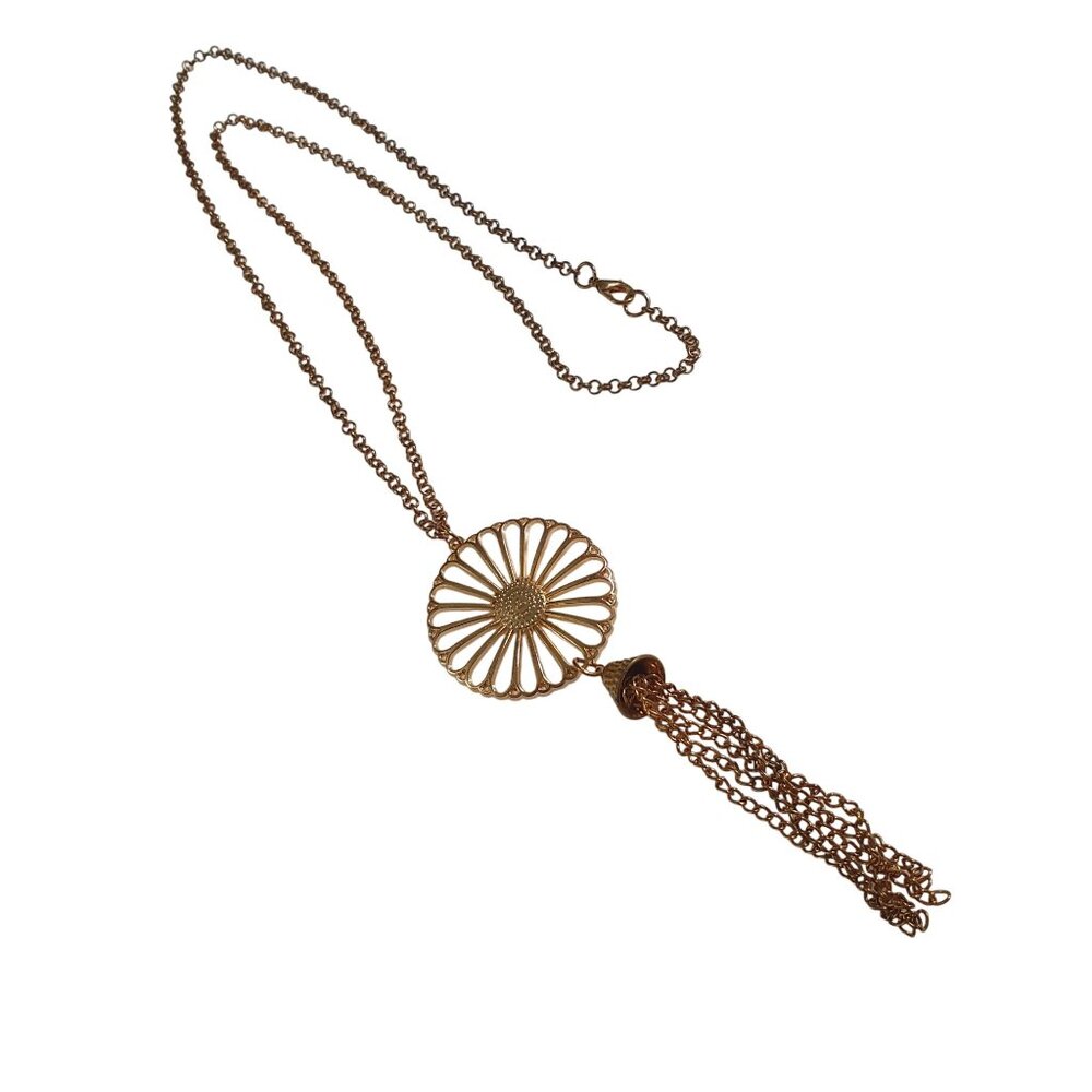 Vintage Goldtone Flower Pendant Necklace Chain Tassel Lobster Clasp 28 In Length